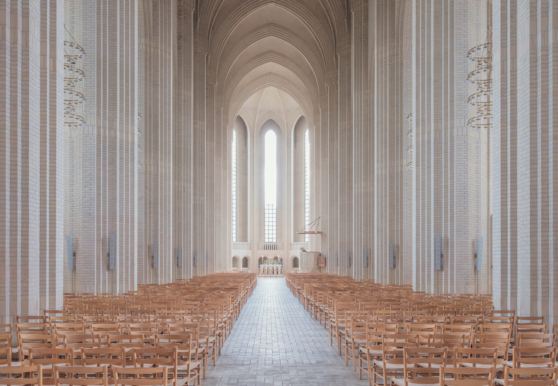 architecture, Building, Copenhagen, Denmark, Church, Interior, Arch, Empty, Chair, Altar, Bricks, Column Wallpaper