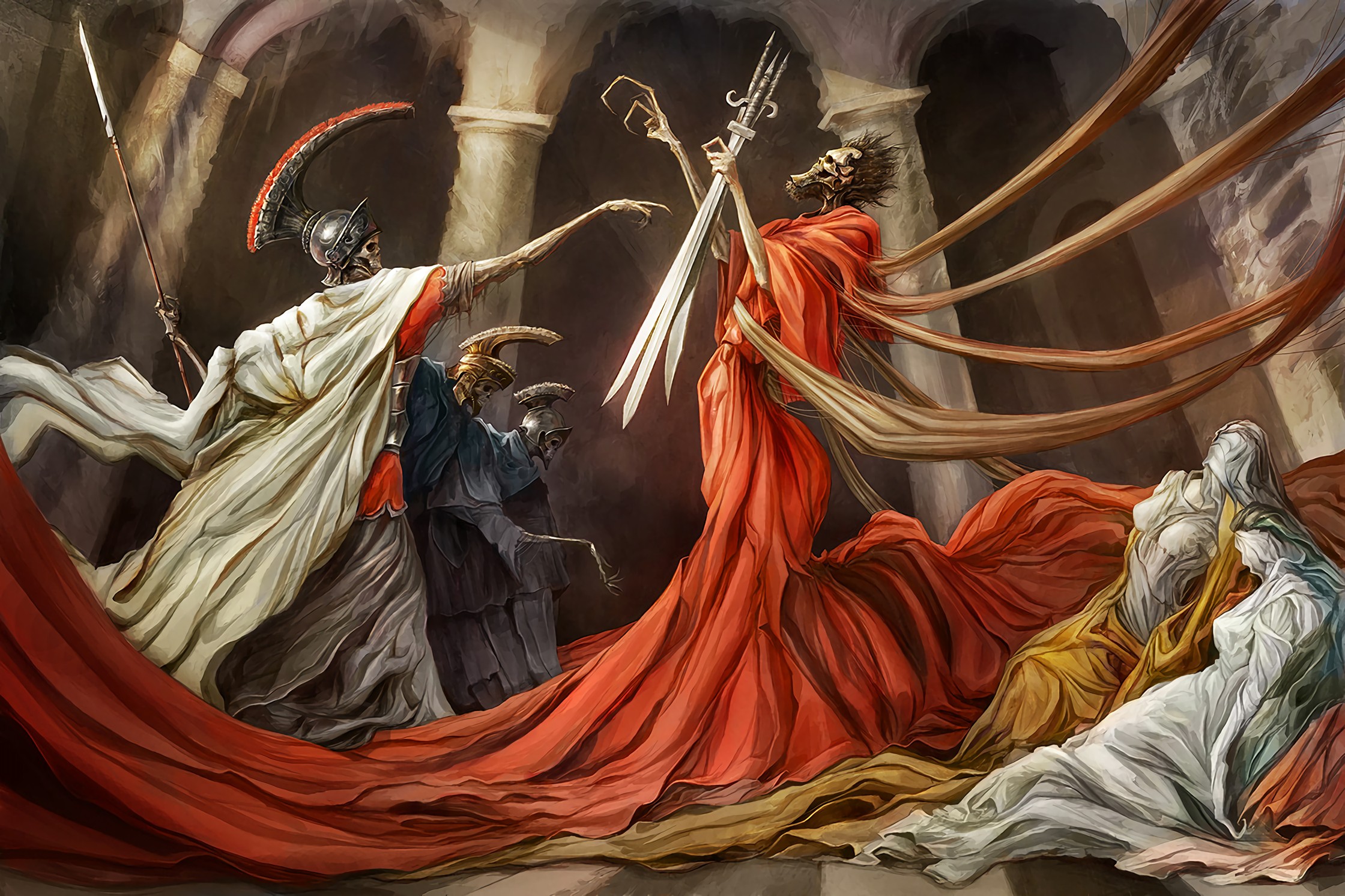 women, Painting, Skeleton, Robes, Weapon, Sword, Spear, Roman Wallpaper
