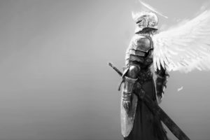 knight, Angel wings, Halo, Sword, Armor, Monochrome