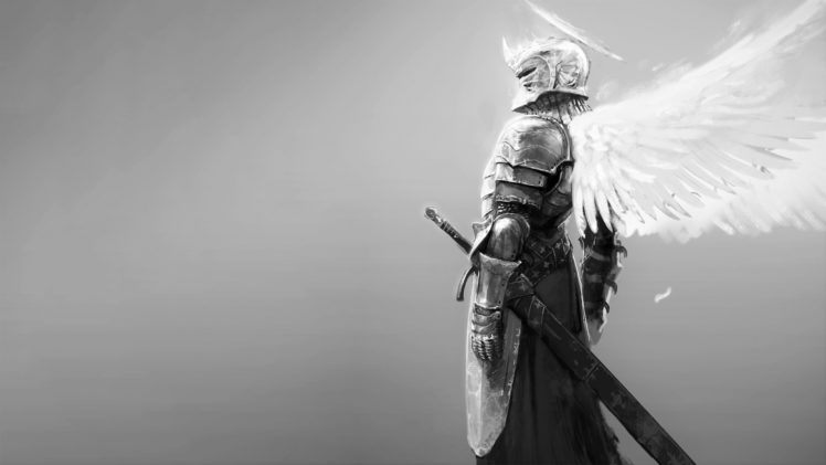 knight, Angel wings, Halo, Sword, Armor, Monochrome HD Wallpaper Desktop Background