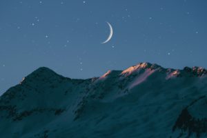 mountains, Snow, Stars, Moon