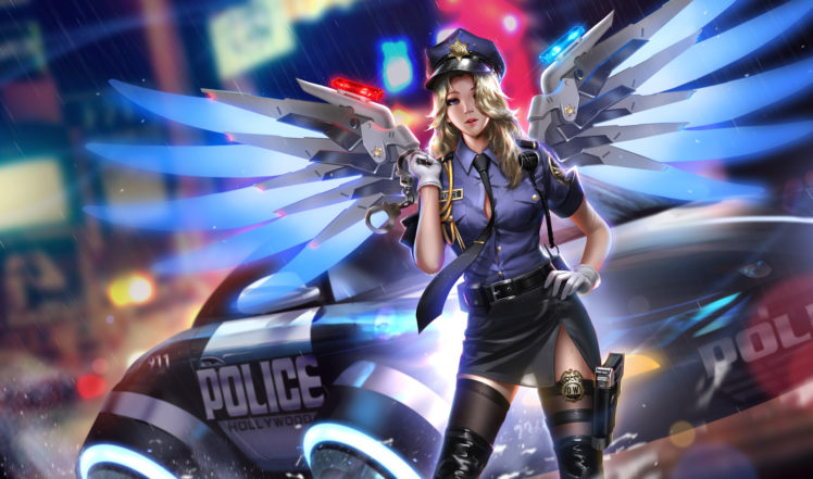 Liang Xing, Women, Police, Blonde, Mercy (Overwatch), Digital art, Vehicle, Overwatch HD Wallpaper Desktop Background
