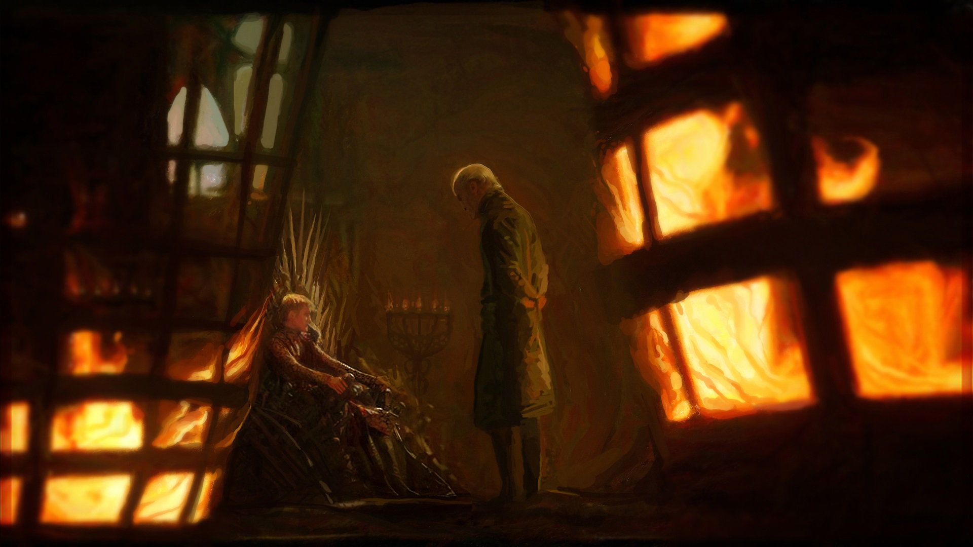 Joffrey Baratheon, Tywin Lannister, Game of Thrones, Artwork, Fan art, Fire, Iron Throne, Fantasy art Wallpaper