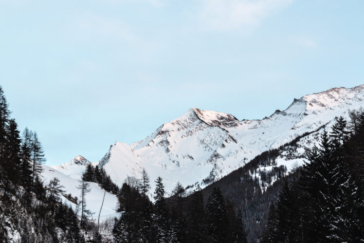 snow, Sky, Trees, Clouds, Mountains, Landscape, Snow tracks HD Wallpaper Desktop Background
