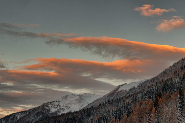 snow, Sky, Trees, Clouds, Mountains, Landscape, Snow tracks HD Wallpaper Desktop Background