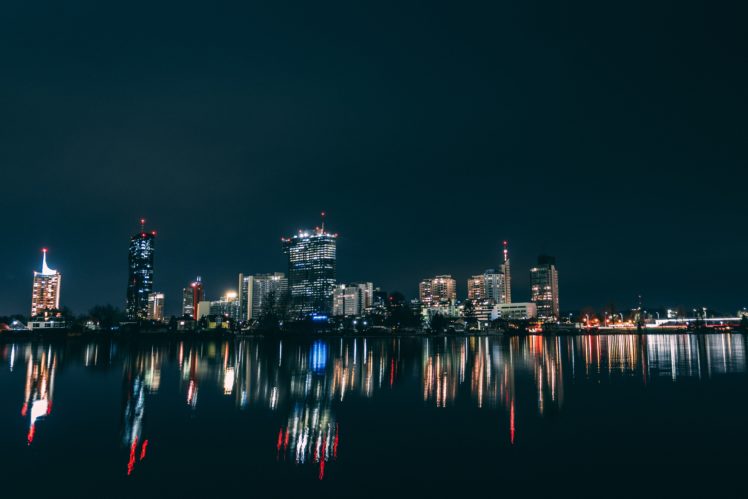 city, Water, Reflection, Lights, Night, Skycrapers HD Wallpaper Desktop Background