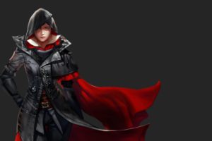 Evie Frye, Women, Looking at viewer, Green eyes, Freckles, The gap, Brunette, Assassins Creed Syndicate, Assassins Creed, Video games, Simple background, Cape, Hoods, Digital art