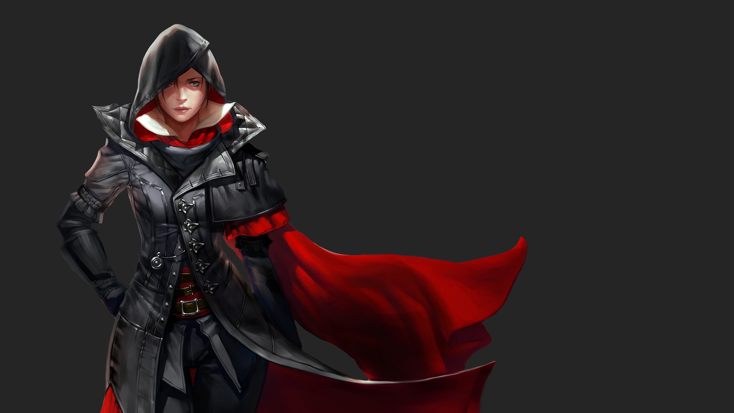 Evie Frye, Women, Looking at viewer, Green eyes, Freckles, The gap, Brunette, Assassins Creed Syndicate, Assassins Creed, Video games, Simple background, Cape, Hoods, Digital art Wallpaper