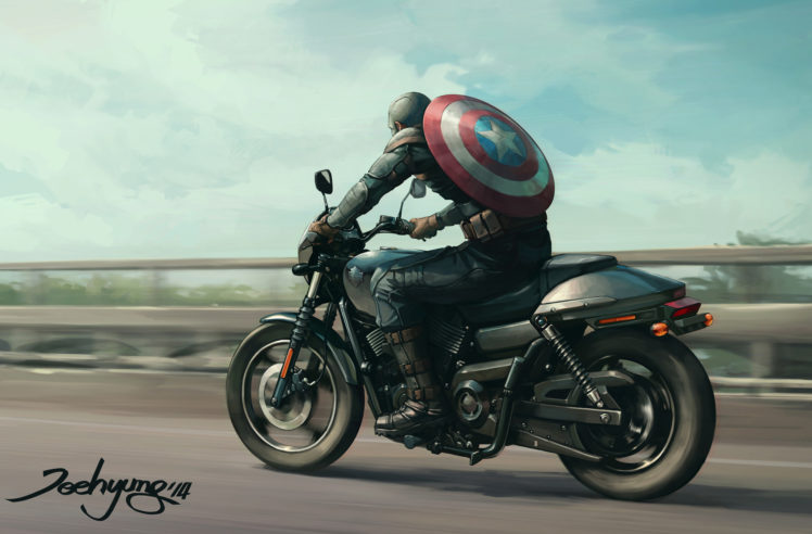 artwork, Digital art, Marvel Comics, Captain America, Motorcycle, Lee Jeehyung HD Wallpaper Desktop Background
