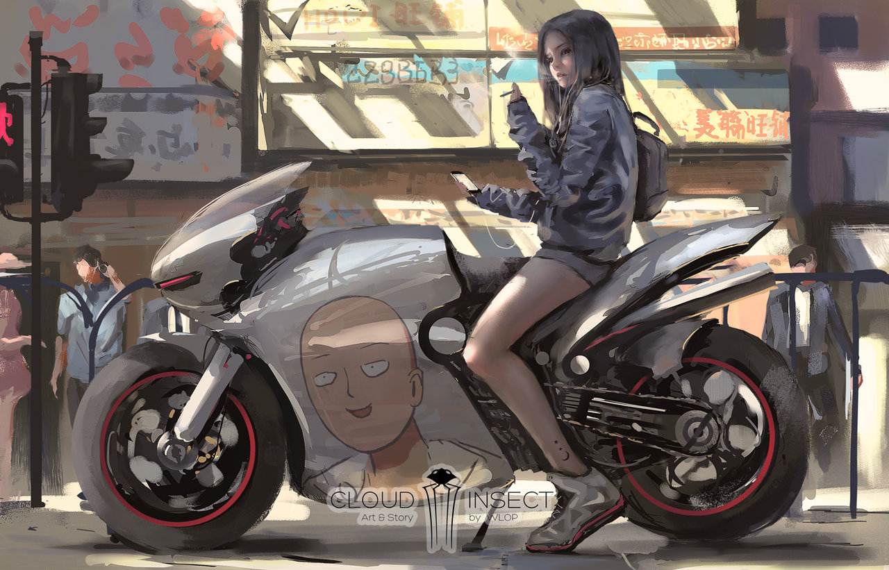 WLOP, White hair, Digital art, One Punch Man, Saitama, Motorcycle Wallpaper