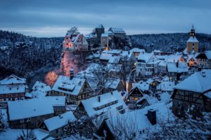 snow, Trees, Forest, Town, House, Hohnstein, Germany, Castle, Rooftops, Lights, Evening
