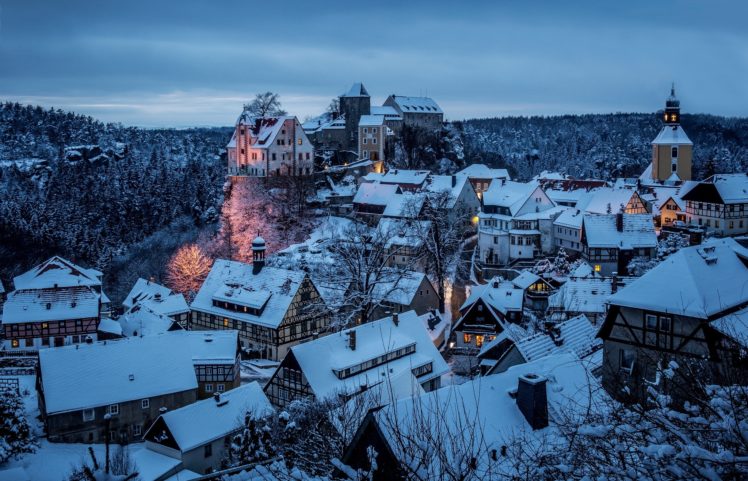 snow, Trees, Forest, Town, House, Hohnstein, Germany, Castle, Rooftops, Lights, Evening HD Wallpaper Desktop Background