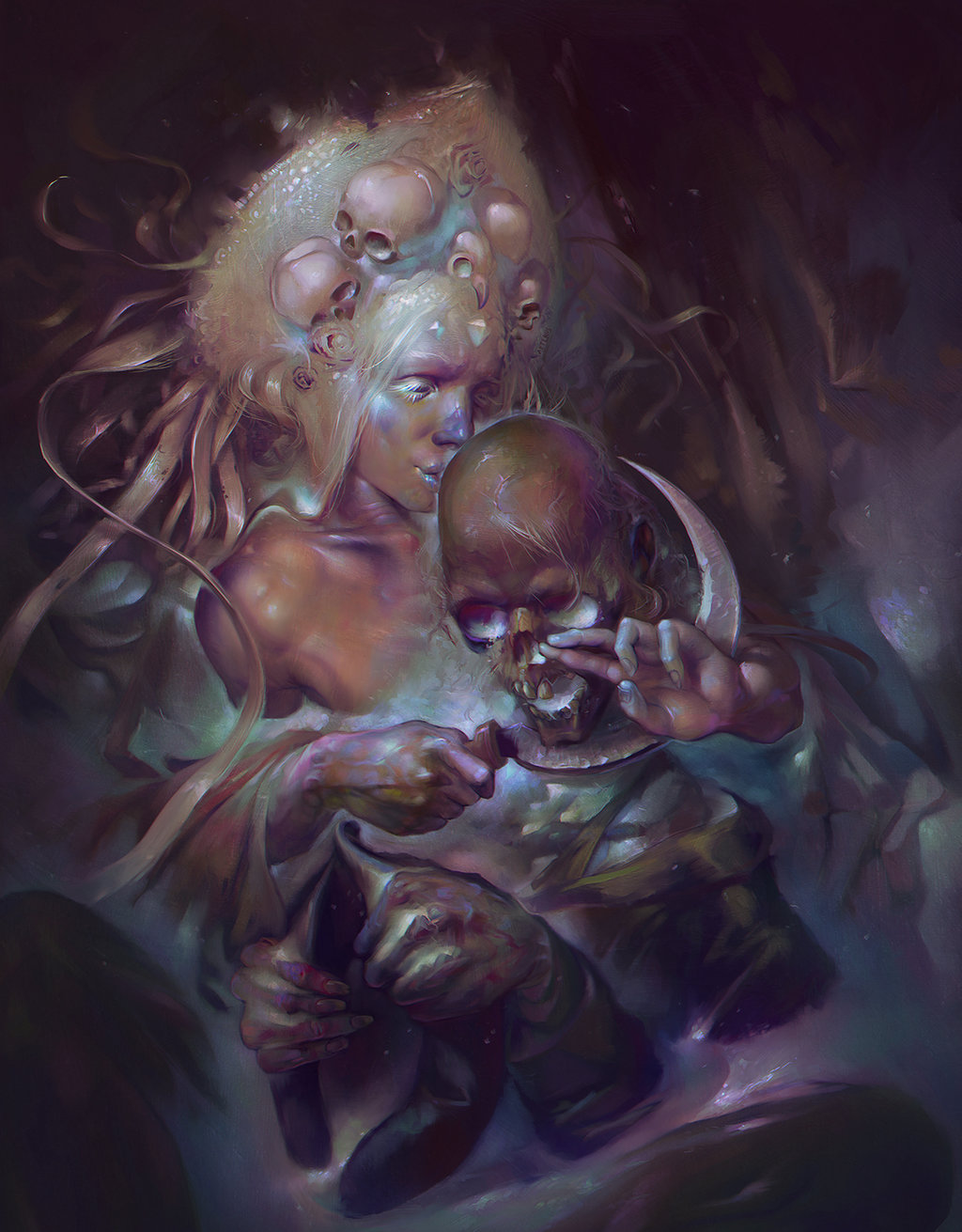 women, Corpse, White hair, Apterus, Drawing, Sickle, Skull, Horror Wallpaper
