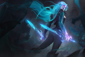 women, Blue hair, Izaskun, Neon, Sword, Drawing, League of Legends, Katarina (league of legends)