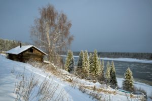 winter, River, Landscape, Trees, Snow, Barn