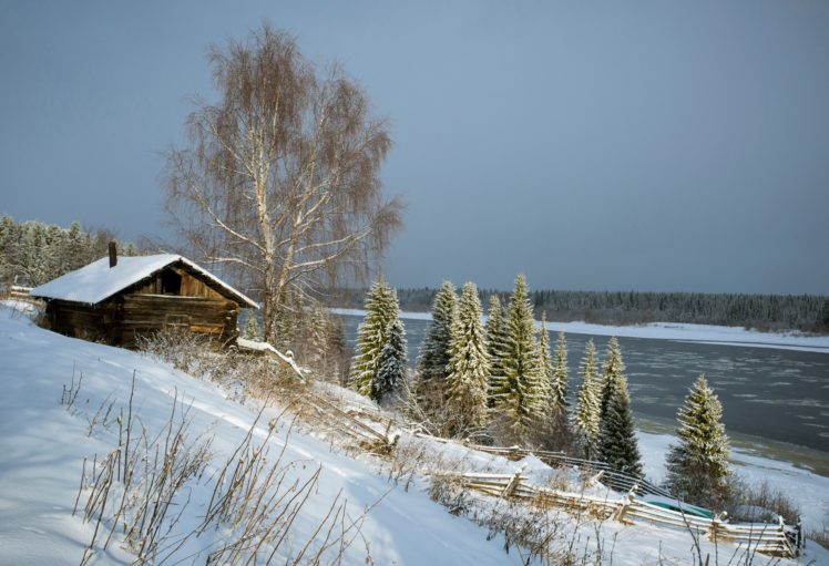 winter, River, Landscape, Trees, Snow, Barn HD Wallpaper Desktop Background