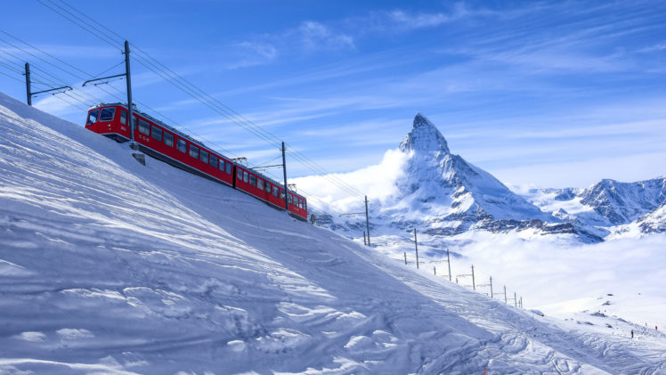 Zermatt, Switzerland, Alps, Snow, Train, Mountains, Matterhorn, Landscape, Clouds, Winter, Nature HD Wallpaper Desktop Background