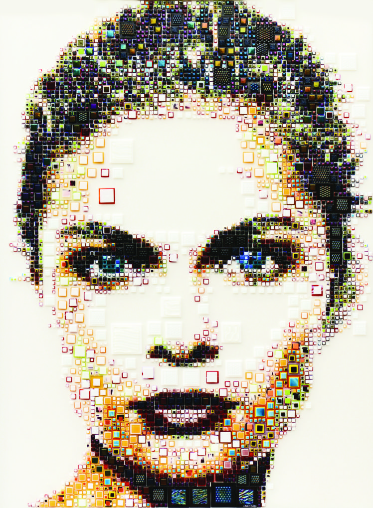 women, Isabelle Scheltjens, Face, Blue eyes, Artwork, Mosaic, Portrait display, Square, Glass, 3D, White background, Portrait, Choker HD Wallpaper Desktop Background