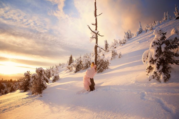 snow, Sky, Winter, Landscape, Nature, Pink dress HD Wallpaper Desktop Background