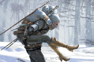 WLOP, Geralt of Rivia, White hair, Men, Women, Piggyback, The Witcher, The Witcher 3: Wild Hunt, Cirilla, Video games, Snow, Artwork, Digital art, Trees