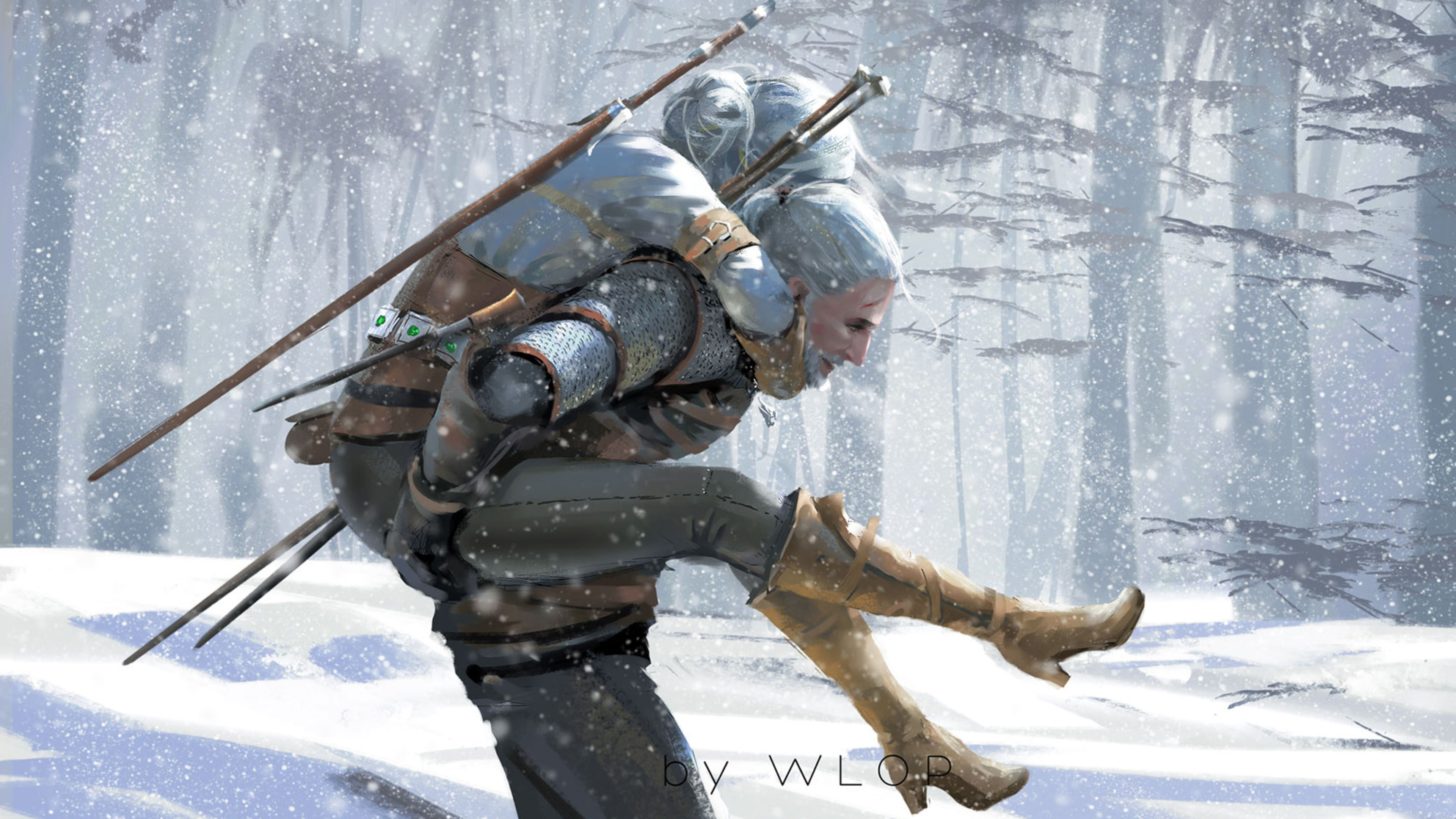 WLOP, Geralt of Rivia, White hair, Men, Women, Piggyback, The Witcher, The Witcher 3: Wild Hunt, Cirilla, Video games, Snow, Artwork, Digital art, Trees Wallpaper