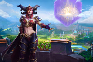 women, Belly, Alexstrasza, Redhead, Cleavage, Looking at viewer, Heroes of the storm, Video games, Digital art, Blizzard Entertainment, Warcraft, Landscape, Yellow eyes