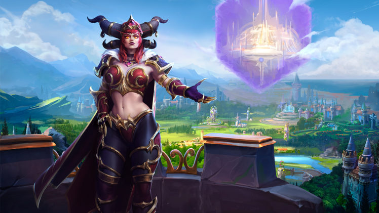 women, Belly, Alexstrasza, Redhead, Cleavage, Looking at viewer, Heroes of the storm, Video games, Digital art, Blizzard Entertainment, Warcraft, Landscape, Yellow eyes HD Wallpaper Desktop Background