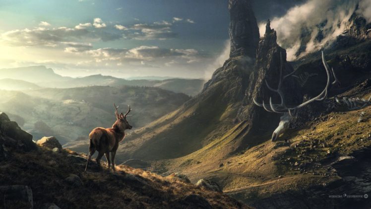landscape, Elk, Mountains, Skeleton, Clouds, Desktopography HD Wallpaper Desktop Background