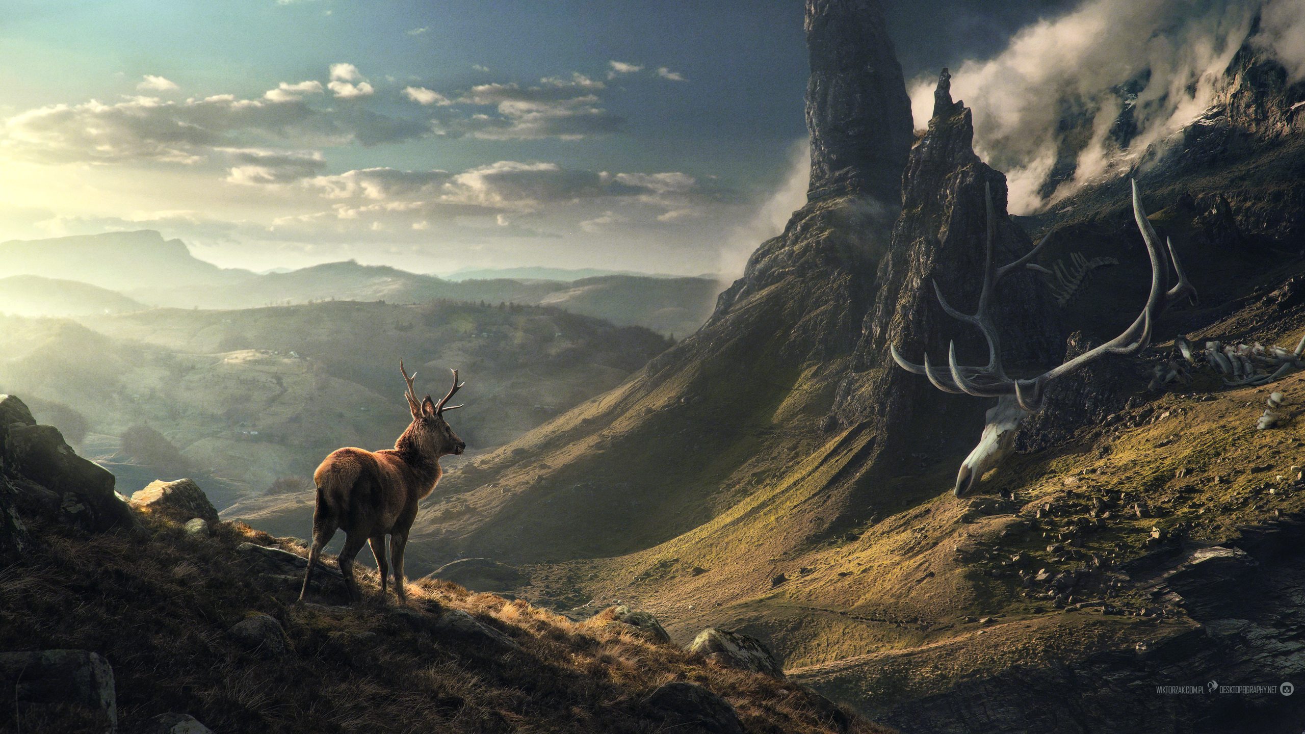 landscape, Elk, Mountains, Skeleton, Clouds, Desktopography Wallpaper