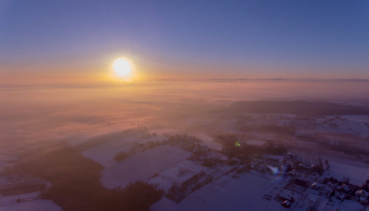 Sun, Sunrise, Mist, Aerial view, Clear sky HD Wallpaper Desktop Background
