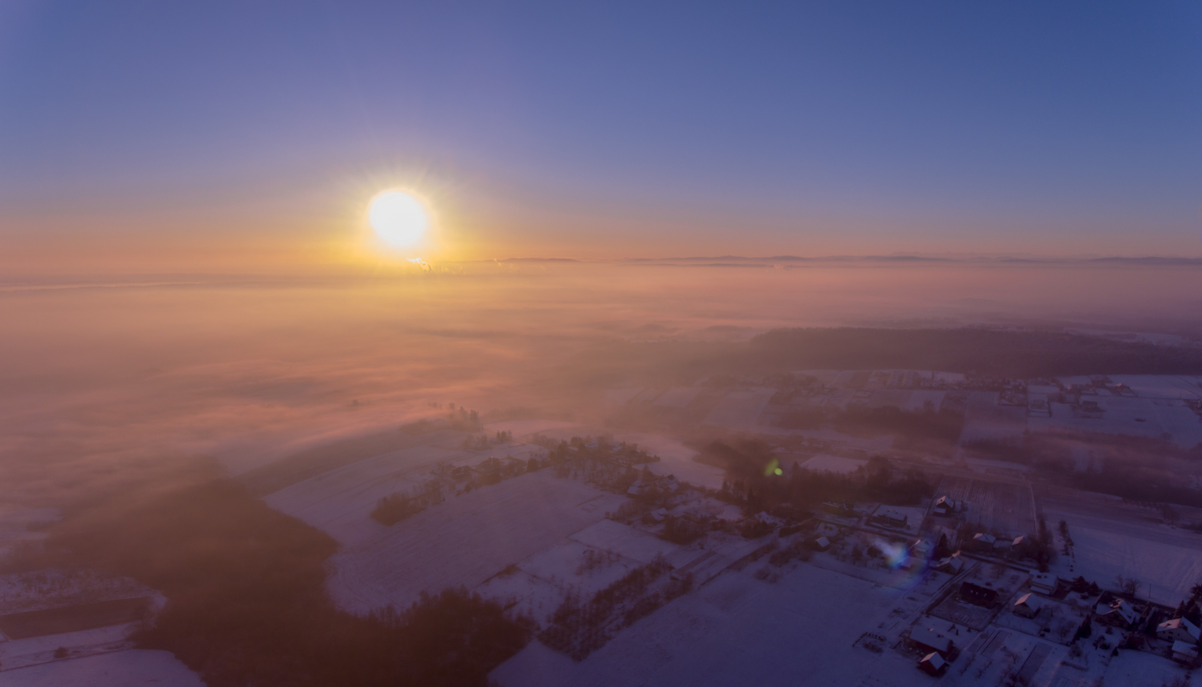 Sun, Sunrise, Mist, Aerial view, Clear sky Wallpaper