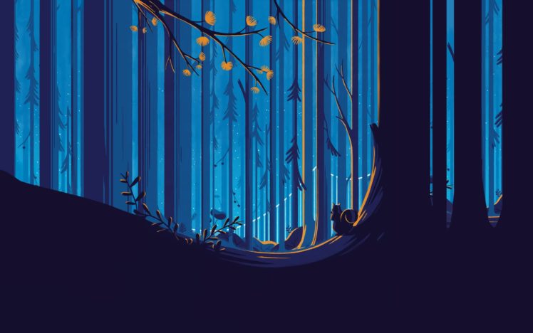 Tom Haugomat, Forest, Squirrel, Illustration, Sky blue, Yellow flower, Trees HD Wallpaper Desktop Background