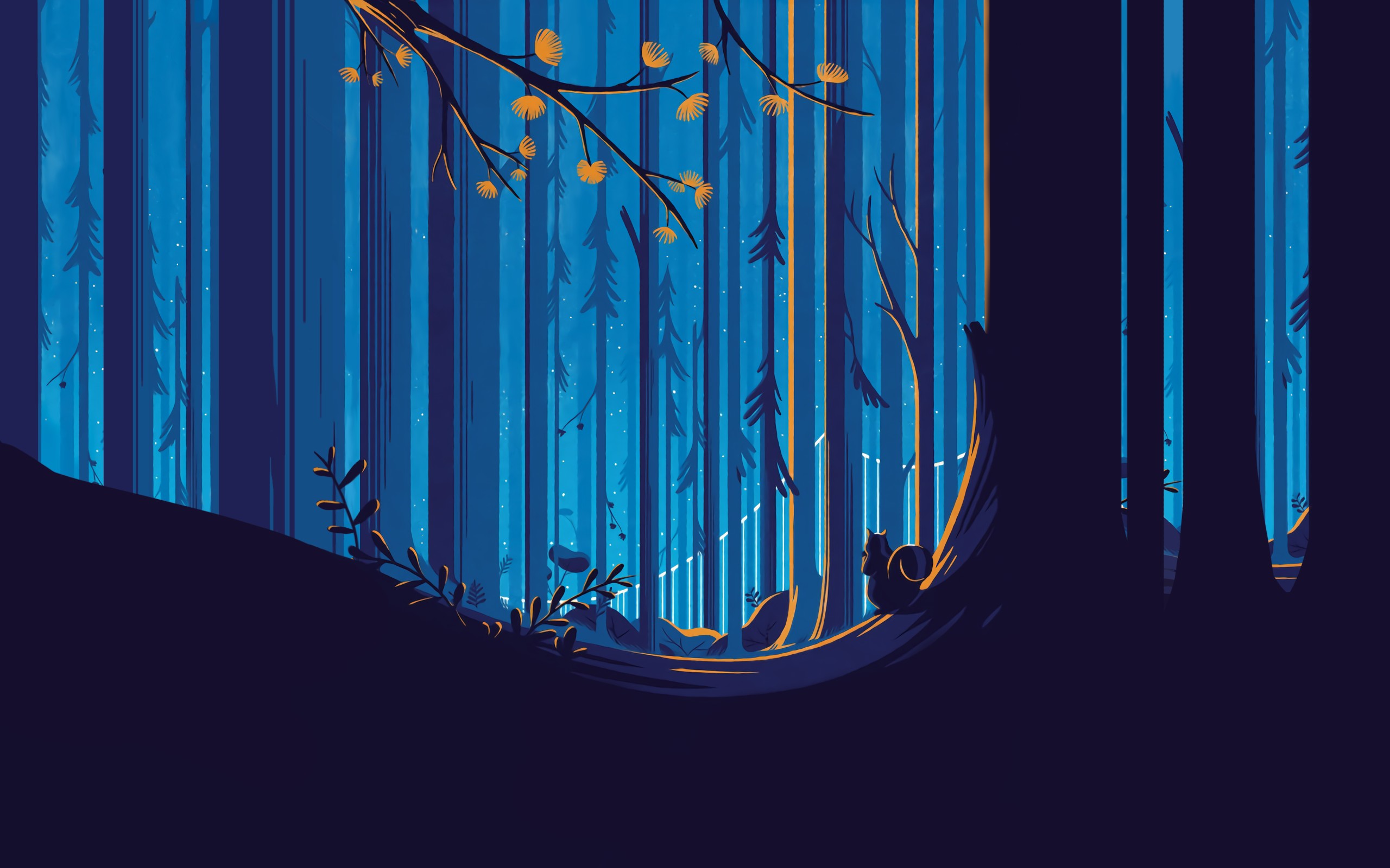 Tom Haugomat, Forest, Squirrel, Illustration, Sky blue, Yellow flower, Trees Wallpaper