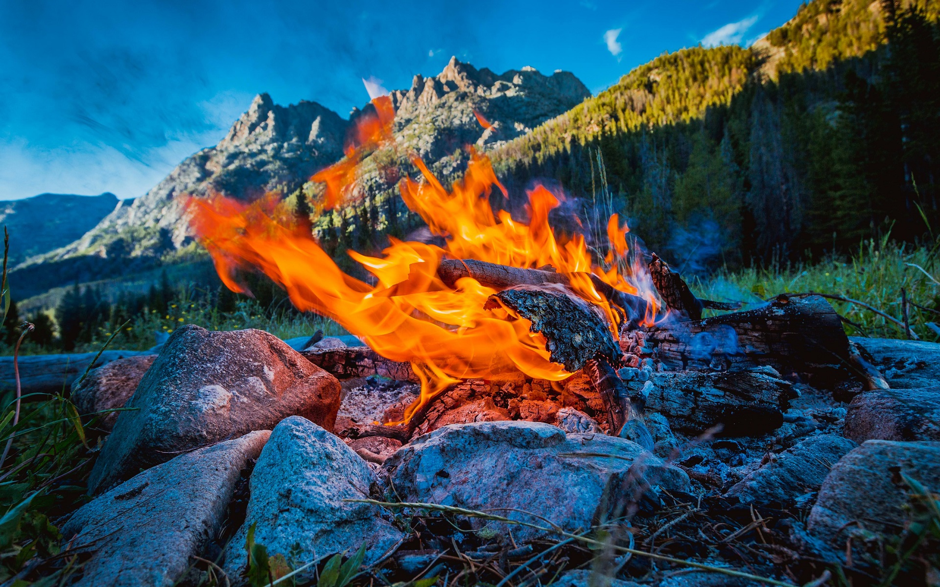 nature, Fire, Trees, Forest, Stone, Stones, Mountains Wallpaper