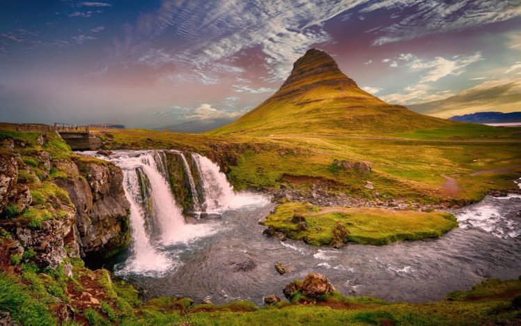 nature, River, Waterfall, Hill, Hills, Iceland, Kirkjufell HD Wallpaper Desktop Background