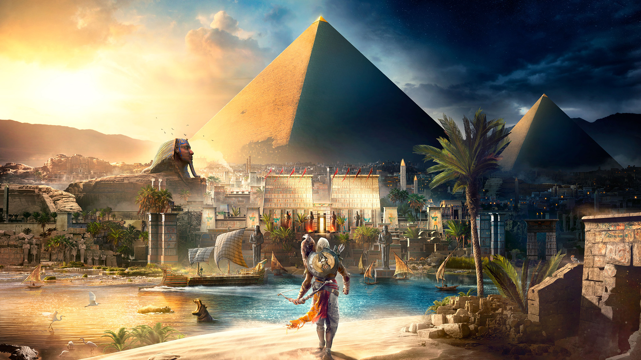 Assassins Creed, Egypt, Pyramids of Giza, Bayek, Eagle, Ubisoft, Landscape, Boat, River, Nile, Video games, Sphynx, Assassins Creed: Origins Wallpaper