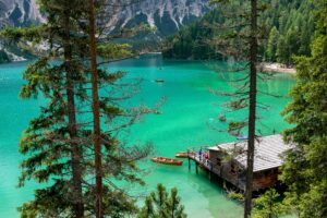 boat, Cabin, Forest, Lake, Mountains, Pine trees, Outdoors, Water