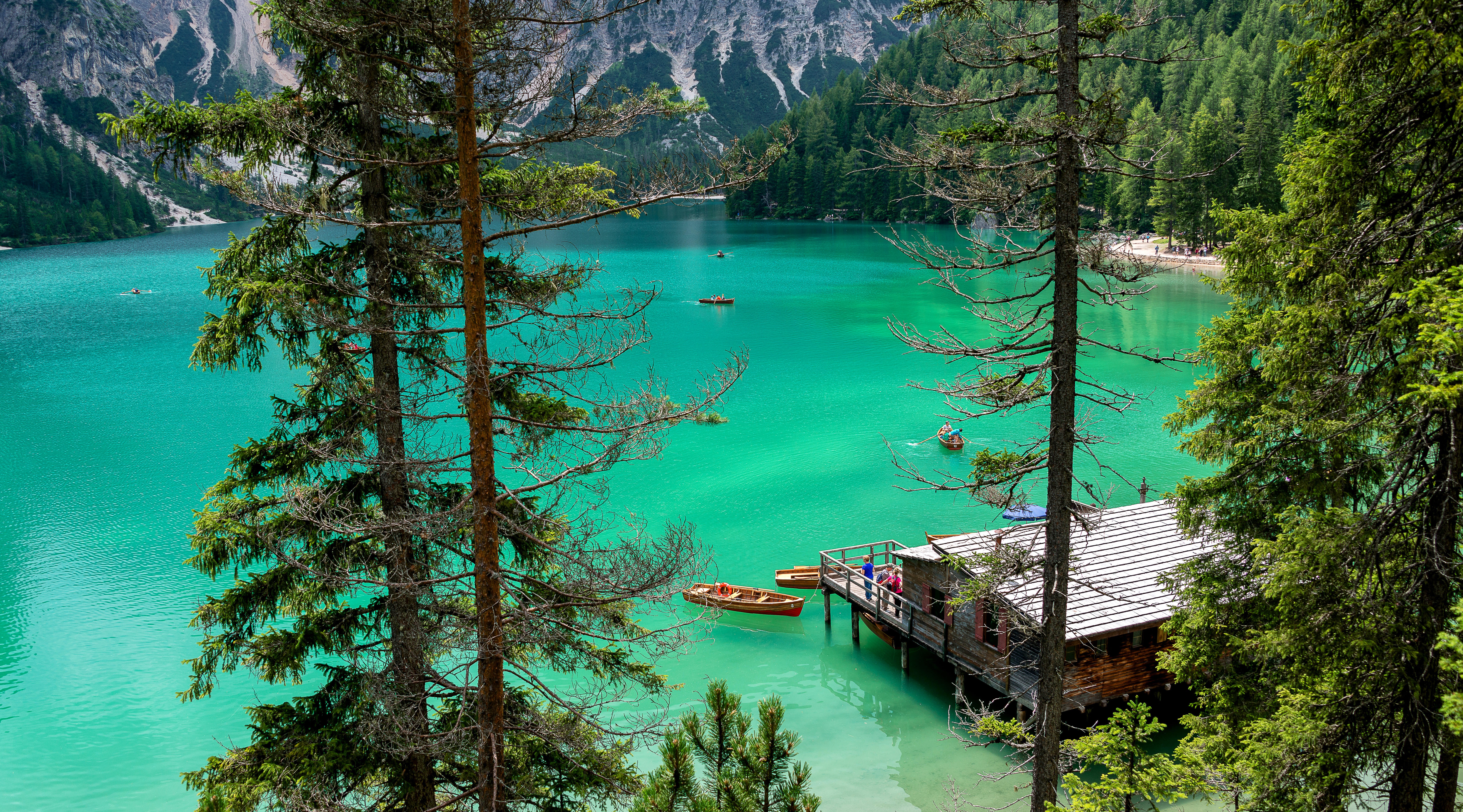 boat, Cabin, Forest, Lake, Mountains, Pine trees, Outdoors, Water Wallpaper