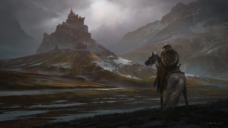 The Elder Scrolls V: Skyrim, Whiterun, Snow, Mountains, Horse, Sword, Shield, Castle, Video games, The Elder Scrolls HD Wallpaper Desktop Background