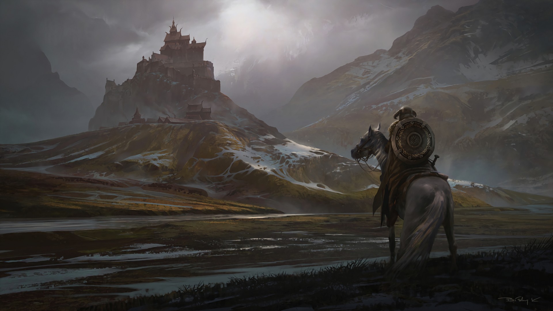 The Elder Scrolls V: Skyrim, Whiterun, Snow, Mountains, Horse, Sword, Shield, Castle, Video games, The Elder Scrolls Wallpaper