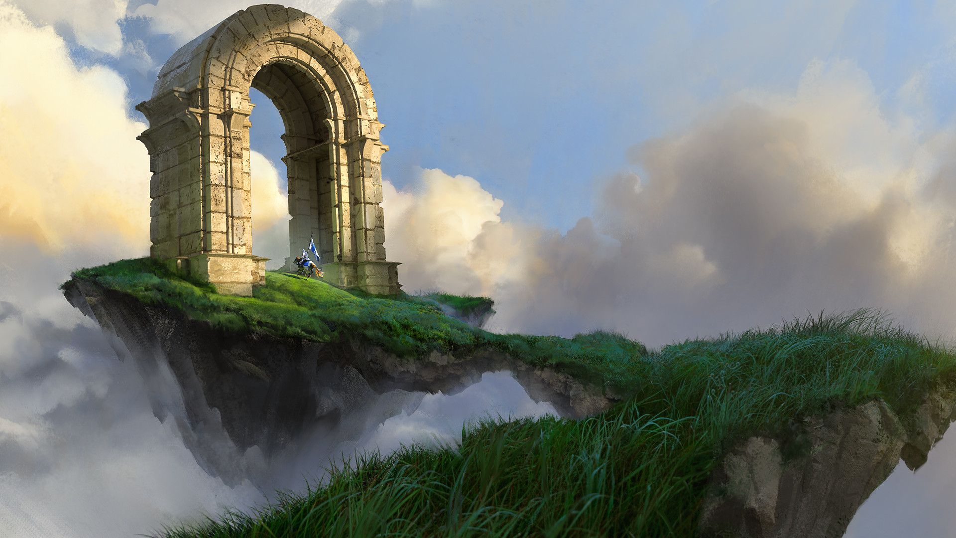 knight, Floating island, Arch, Clouds, Flag, Horse Wallpaper