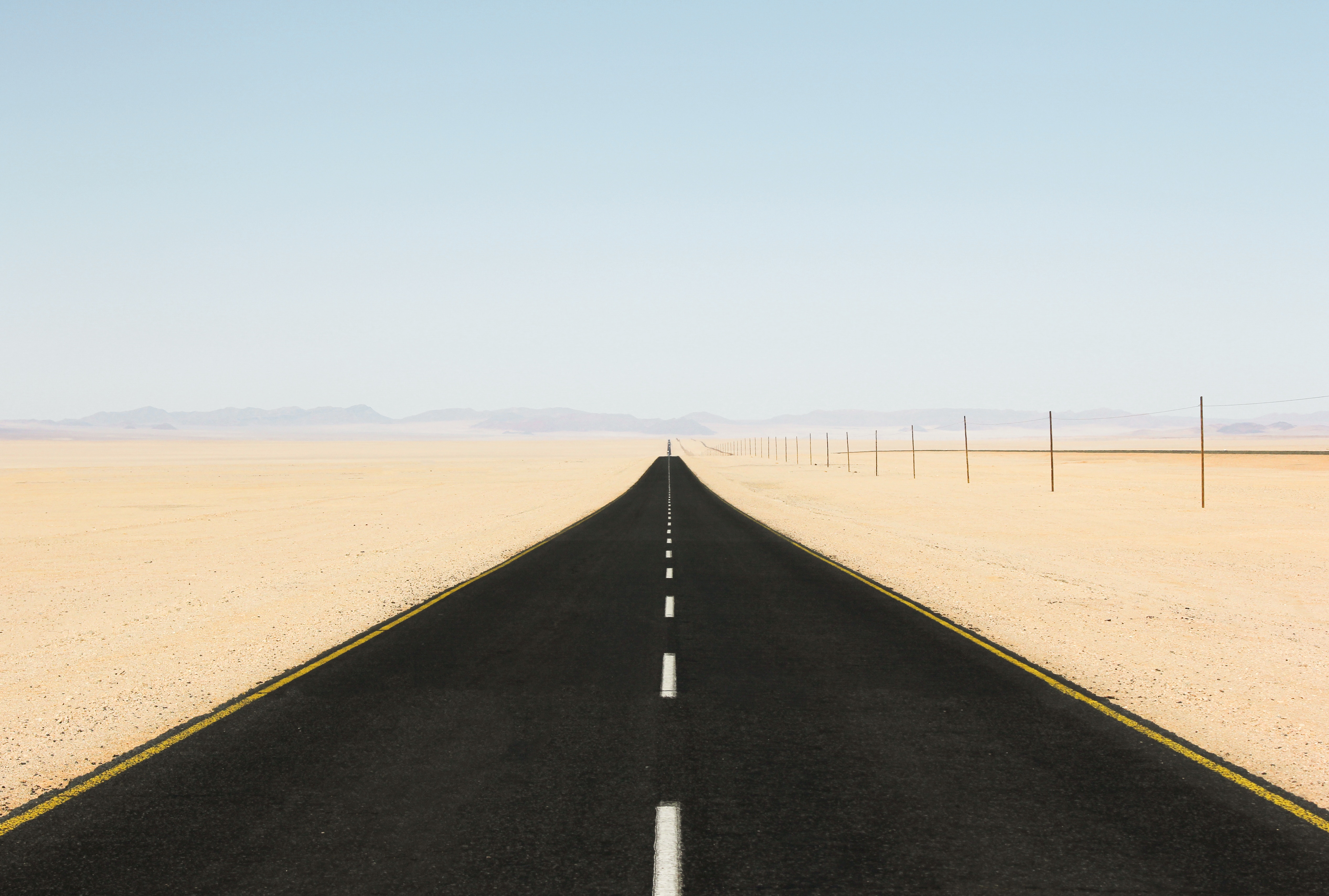 road, Desert, Sand, Mountains, Clear sky, Nature Wallpaper