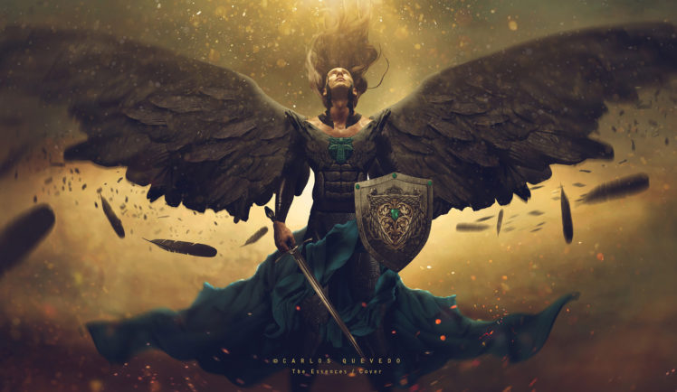 Photoshop, Carlos Quevedo, Angel, Shield, Wings, Armor, Sword HD Wallpaper Desktop Background