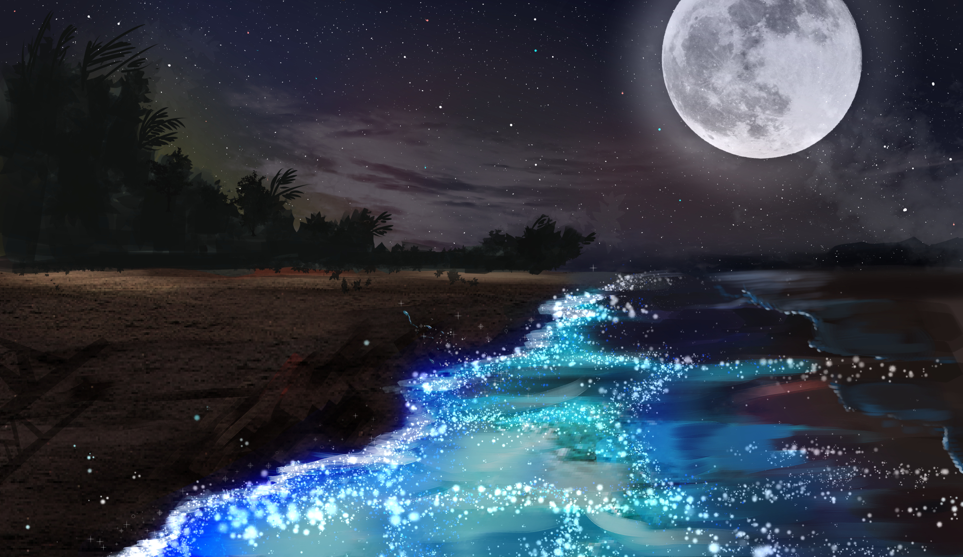 artwork, Moon, Sky, Stars, Forest, Water, Clouds, Beach, Landscape Wallpaper