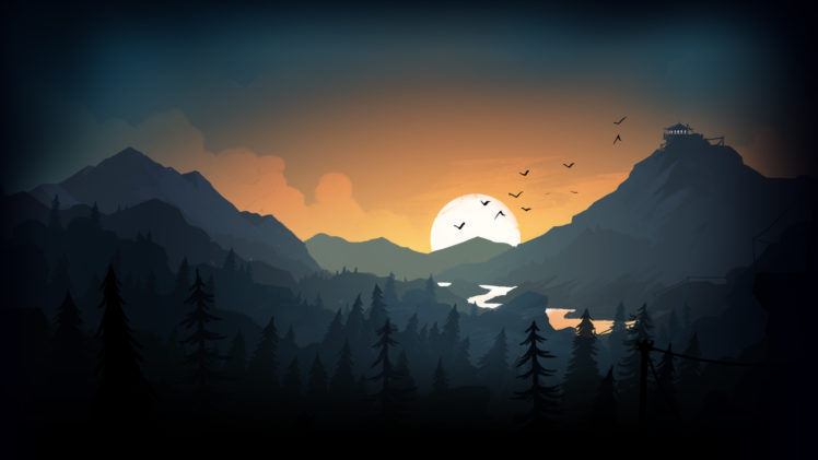 drawing, Evening, Sun, Trees, Mountains, House, Birds, Lake, Firewatch HD Wallpaper Desktop Background