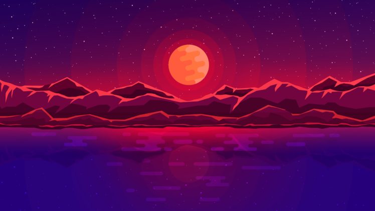 digital art, Space, Sky, Abstract, Mountains, Reflection, Moon rays, Moon HD Wallpaper Desktop Background