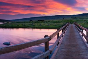 nature, Landscape, Bridge, Sunset, Clouds, Water, Stone, Cabin, Grass, Wood, Wyoming, USA