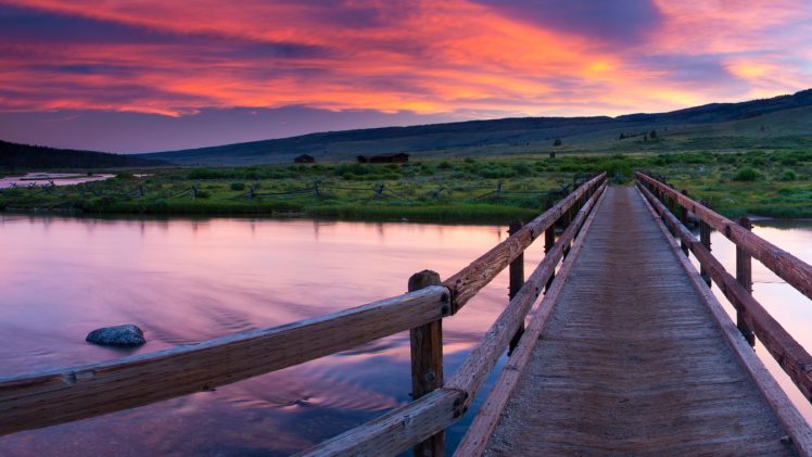 nature, Landscape, Bridge, Sunset, Clouds, Water, Stone, Cabin, Grass, Wood, Wyoming, USA HD Wallpaper Desktop Background