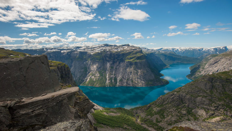 nature, Landscape, Mountains, Norway, River, Rock, Clouds, Reflection, Snowy peak HD Wallpaper Desktop Background