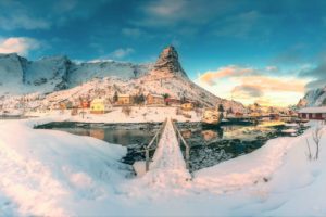 nature, Landscape, Mountains, Norway, Winter, Snow, Lake, Bridge, House, Ice, Clouds, Village, Lofoten, Sunlight